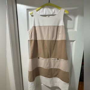 Sleeveless, lined, cotton neutral striped dress from White House /Black Market